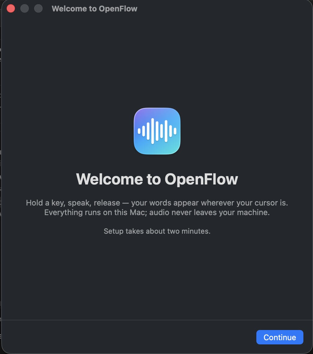 OpenFlow onboarding welcome screen with the app icon and a short introduction.