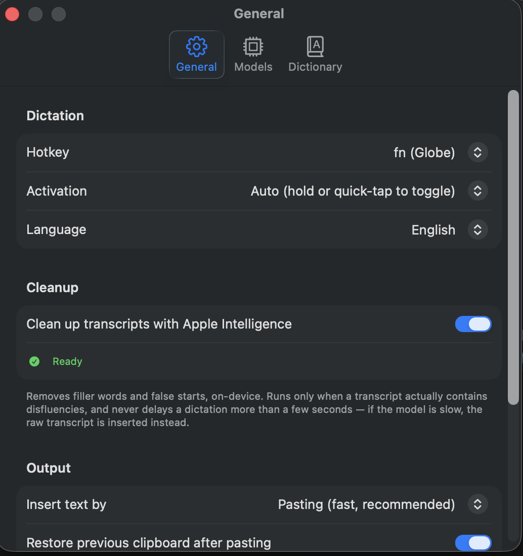 OpenFlow General settings: hotkey set to fn (Globe), activation set to Auto, English language, Apple Intelligence cleanup toggled on and Ready.